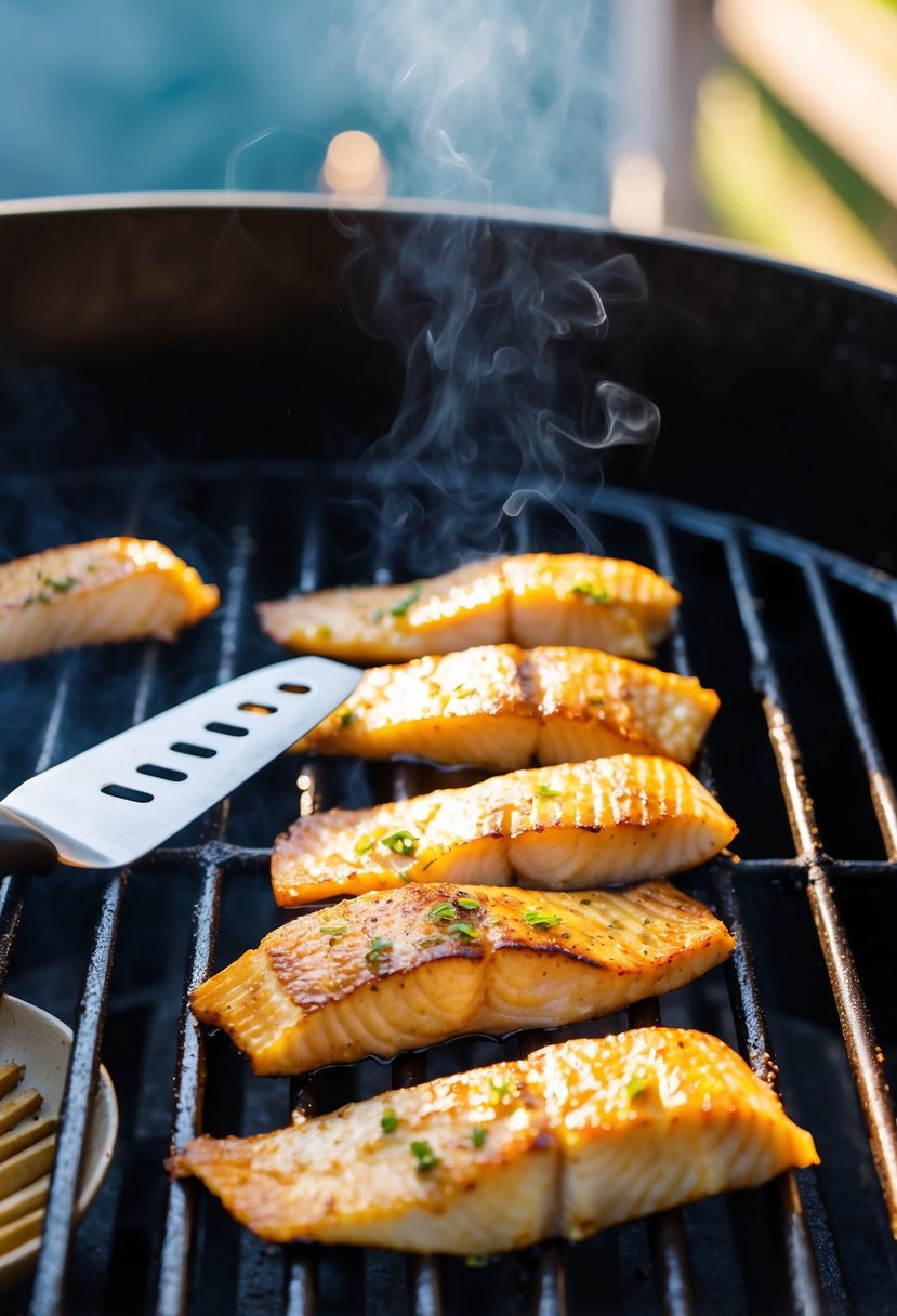 Tilapia fillets sizzling on a grill over indirect heat, with a spatula nearby for easy flipping