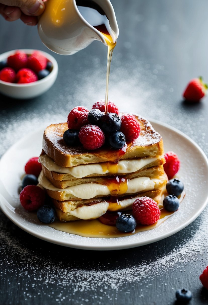 A plate of stuffed cream cheese french toast topped with berries and drizzled with syrup, surrounded by a scattering of powdered sugar