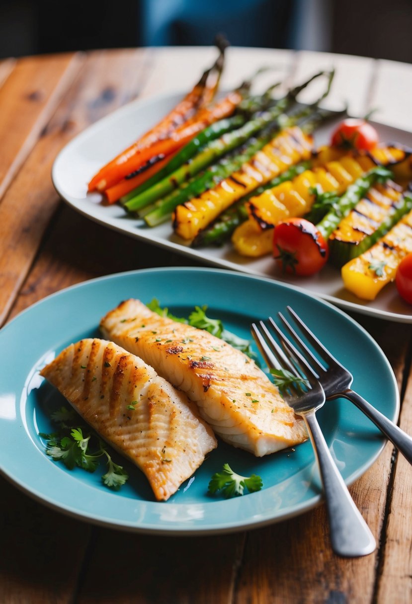 A plate of grilled tilapia sits next to a colorful array of grilled vegetables on a wooden table. The fish is perfectly cooked and flaky, while the vegetables are charred and vibrant