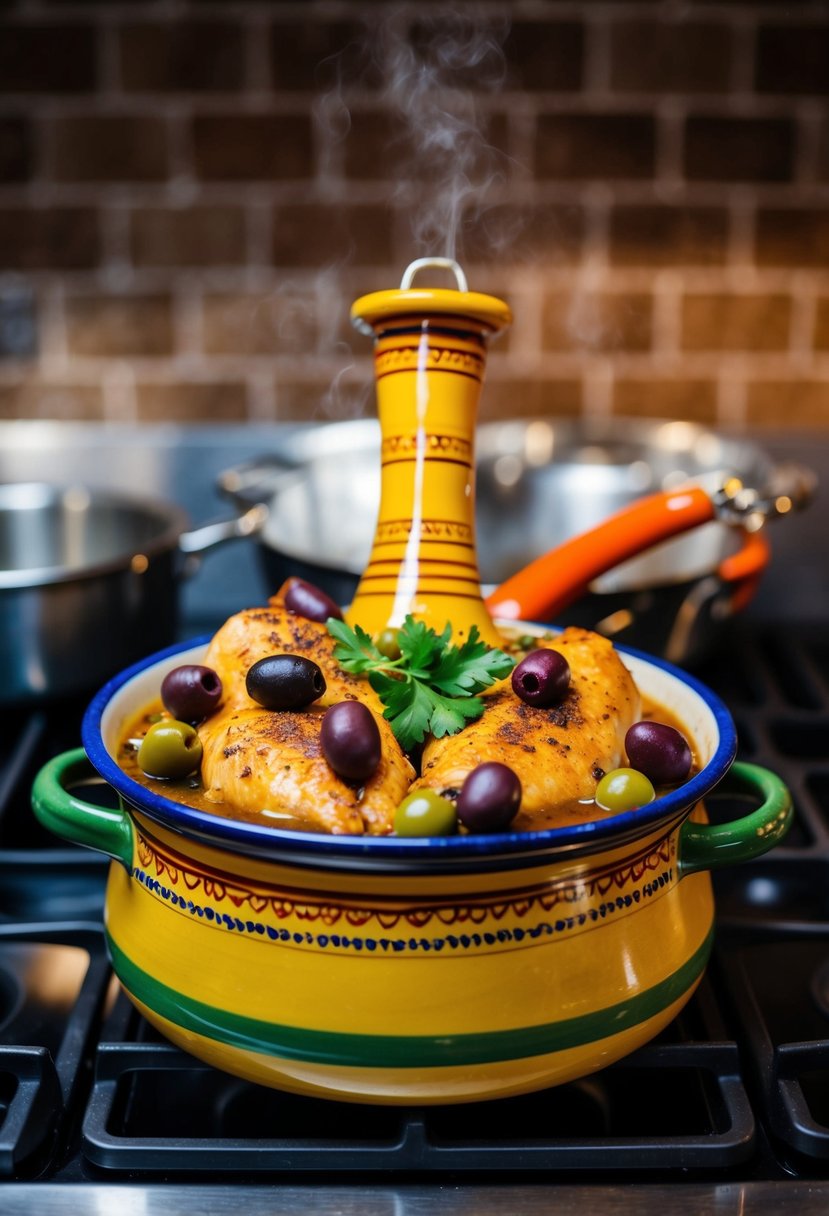 A colorful tagine pot filled with chicken, olives, and aromatic spices simmering on a stovetop