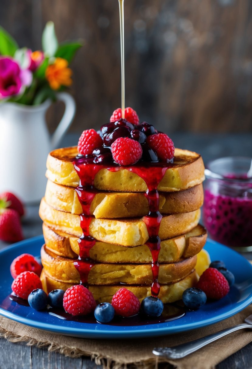 A stack of golden French toast topped with a vibrant berry compote, surrounded by fresh berries and a drizzle of syrup