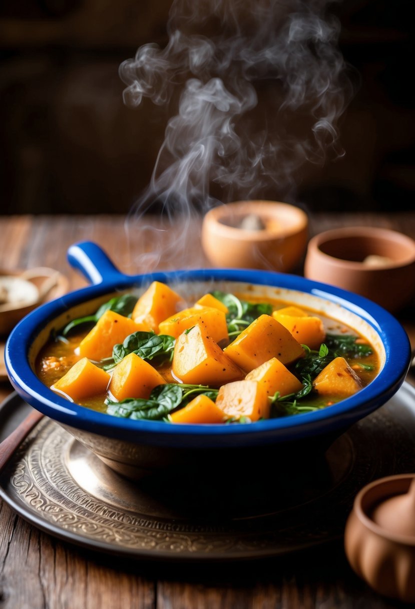 A steaming tagine sits on a rustic table, filled with butternut squash and spinach in a fragrant, spiced sauce. The warm, earthy colors evoke a cozy, comforting atmosphere