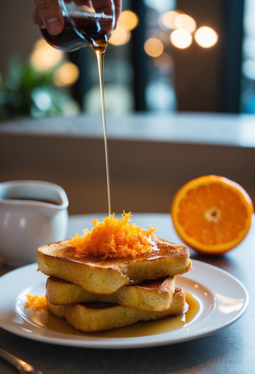 A plate of golden French toast topped with vibrant orange zest and syrup