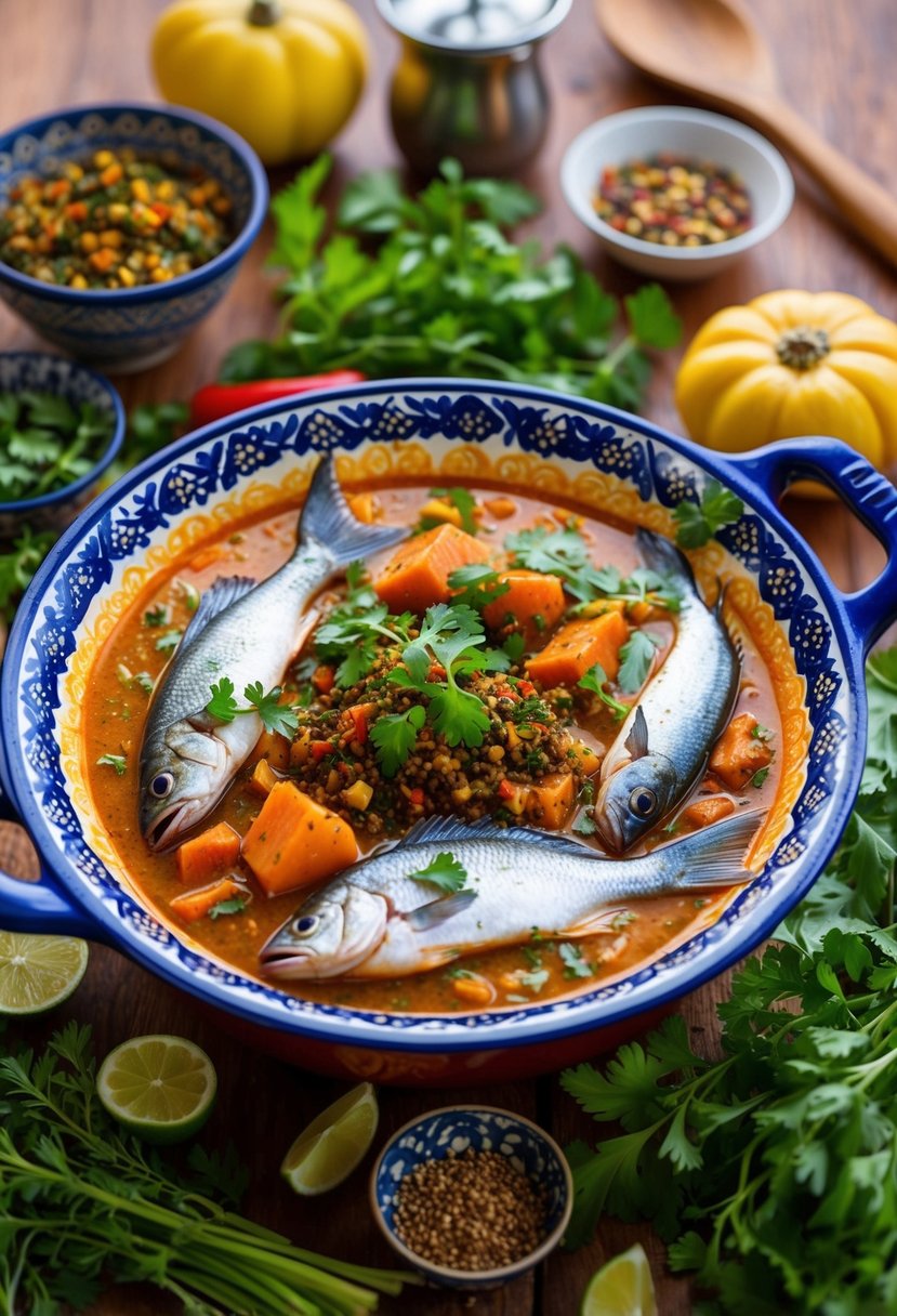 A colorful Moroccan tagine pot filled with aromatic fish and Chermoula sauce surrounded by vibrant spices and fresh herbs