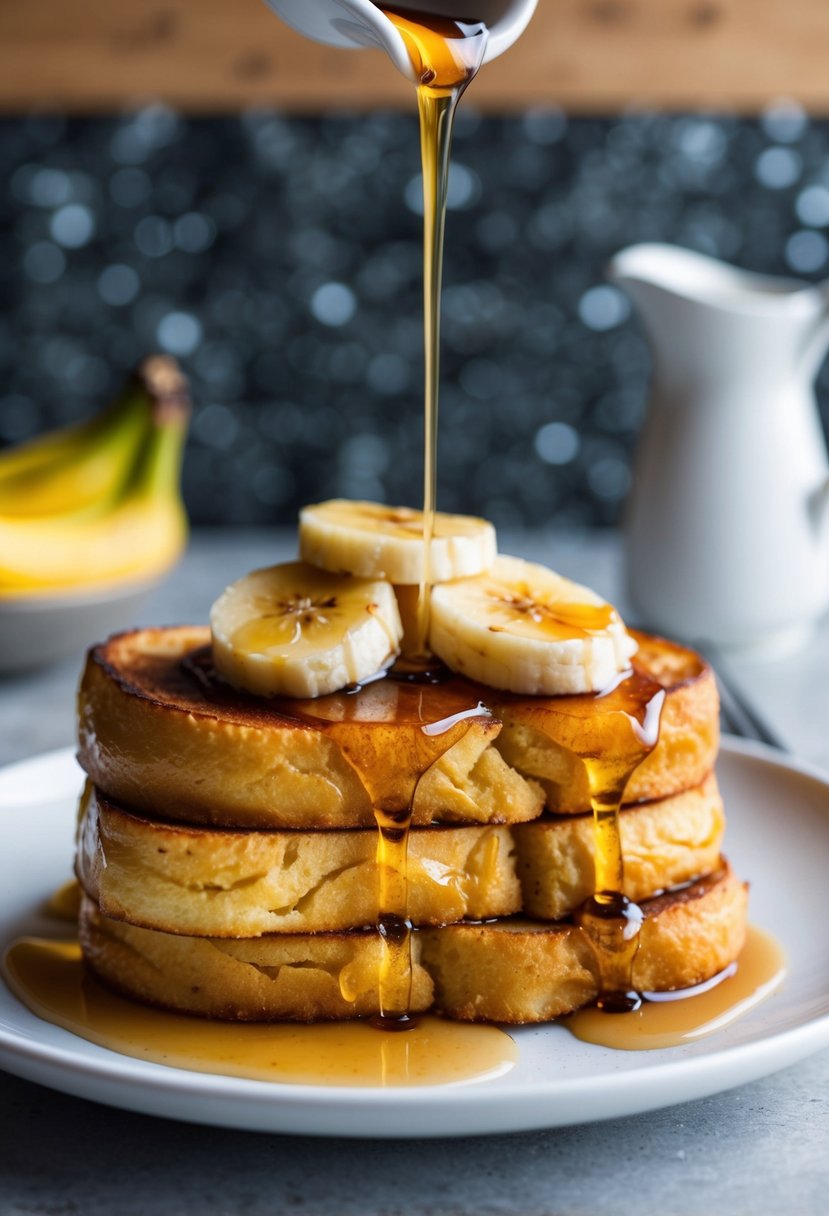 A golden-brown French toast topped with caramelized bananas and drizzled with syrup on a white plate