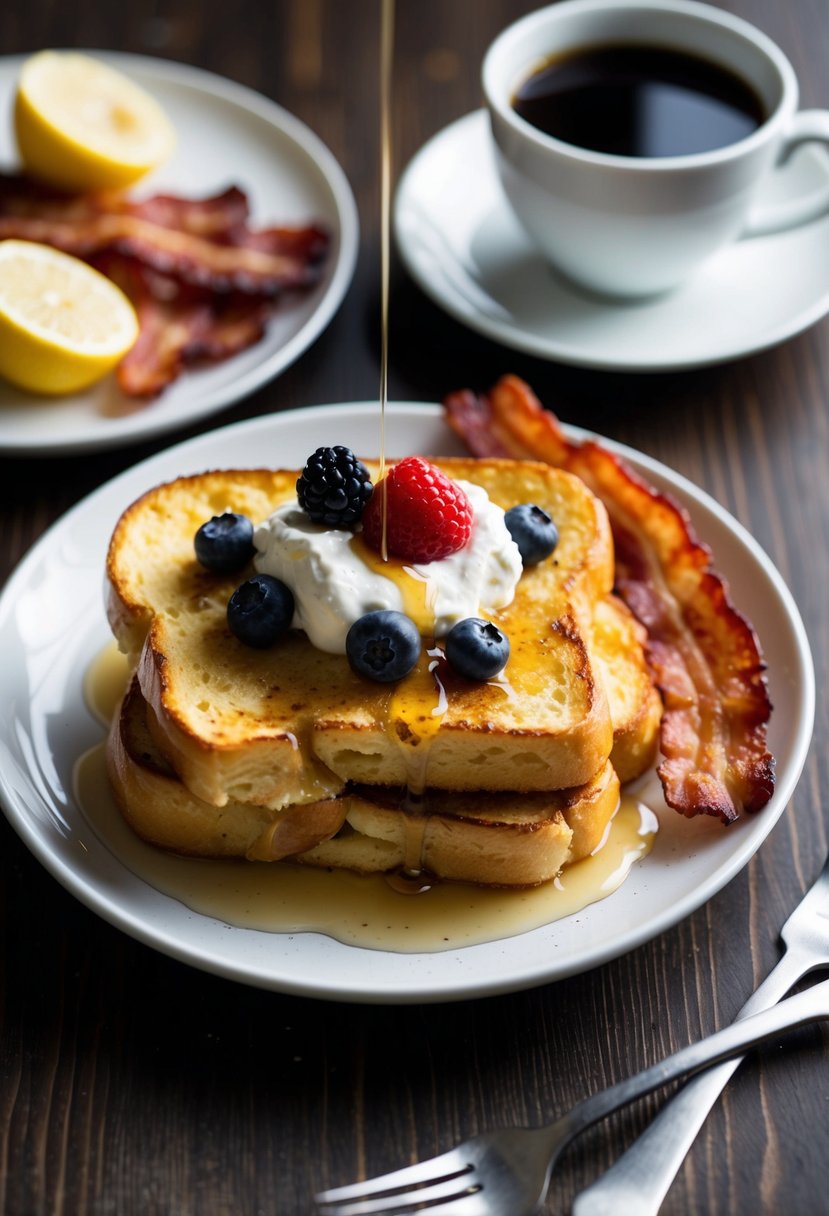 A plate of Lemon Ricotta French Toast topped with fresh berries and drizzled with syrup, served with a side of crispy bacon and a steaming cup of coffee