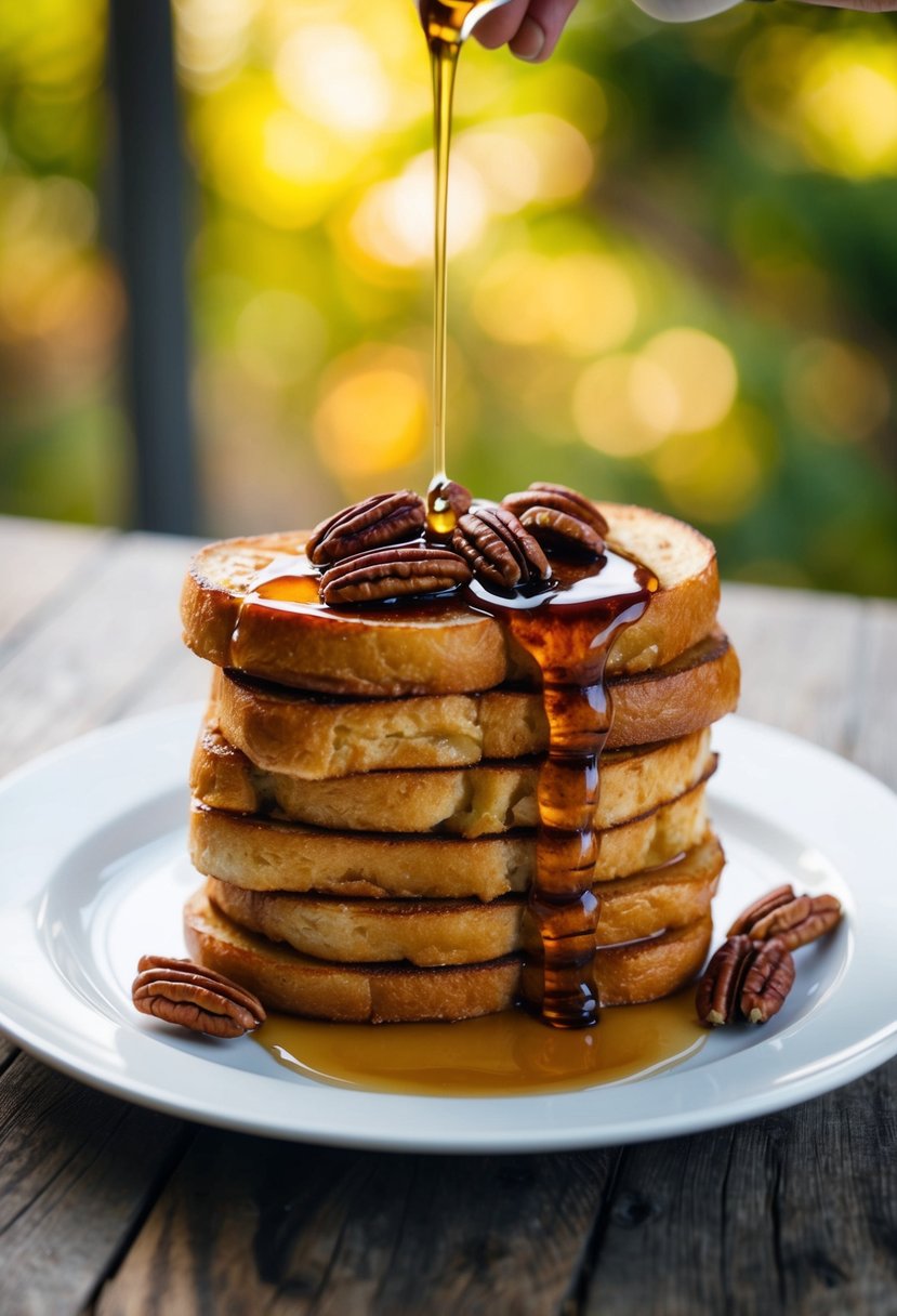 A stack of Maple Pecan French Toast topped with pecans and drizzled with maple syrup on a plate