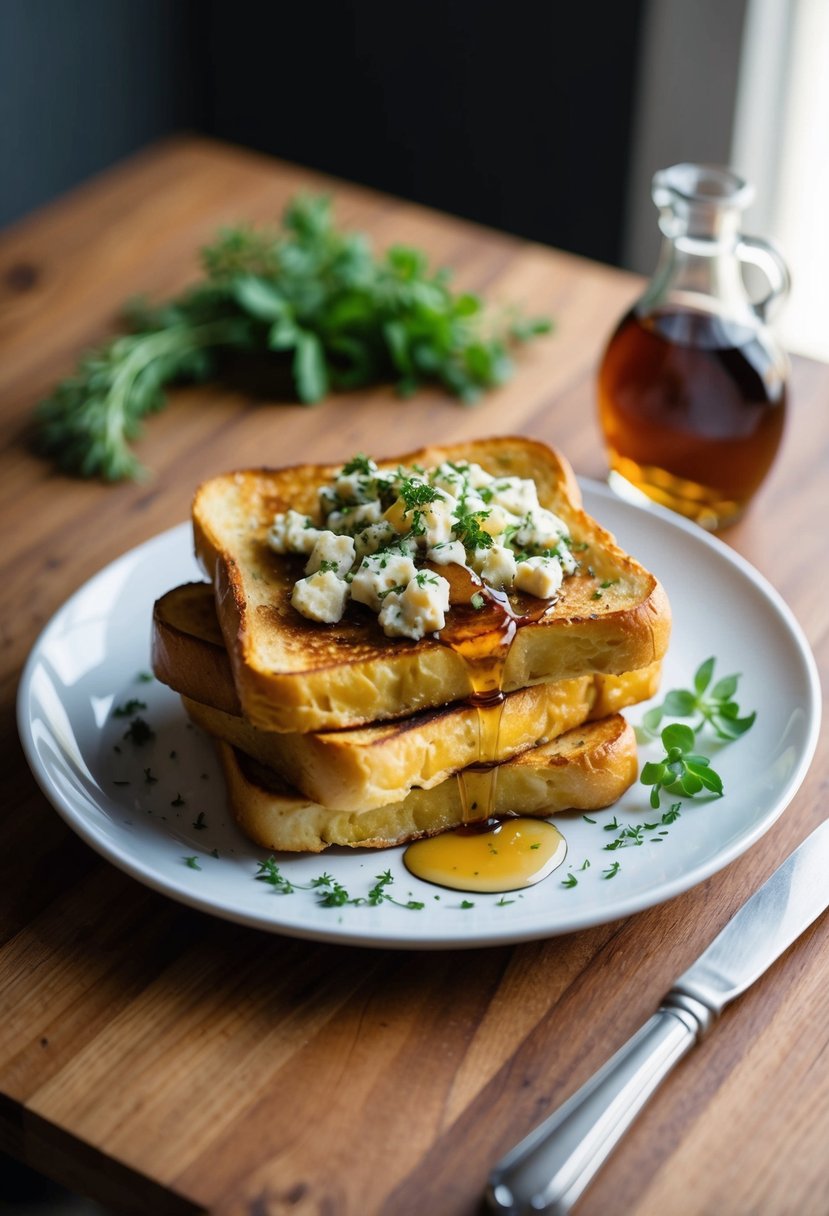 A plate of golden-brown French toast topped with a savory herb and cheese mixture, accompanied by a sprinkle of fresh herbs and a drizzle of maple syrup