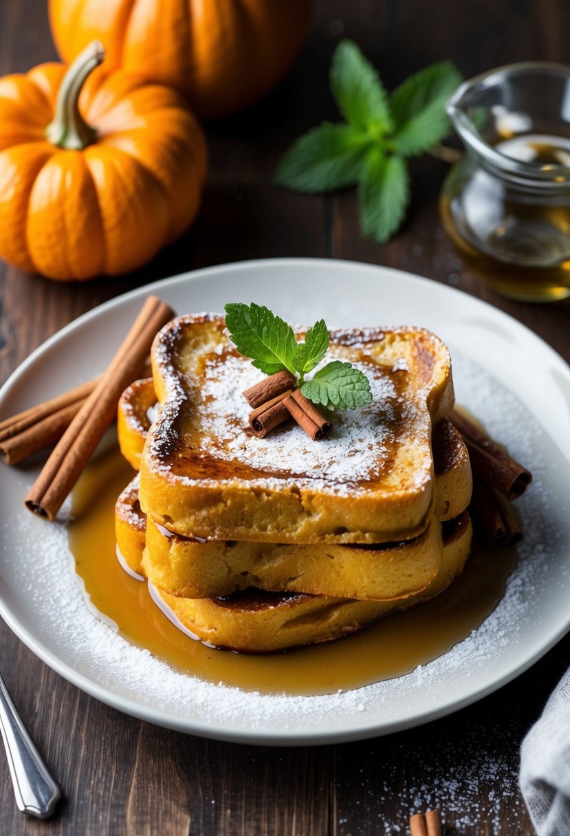 A plate of Pumpkin Spice French Toast topped with syrup and powdered sugar, surrounded by cinnamon sticks and a sprig of fresh mint