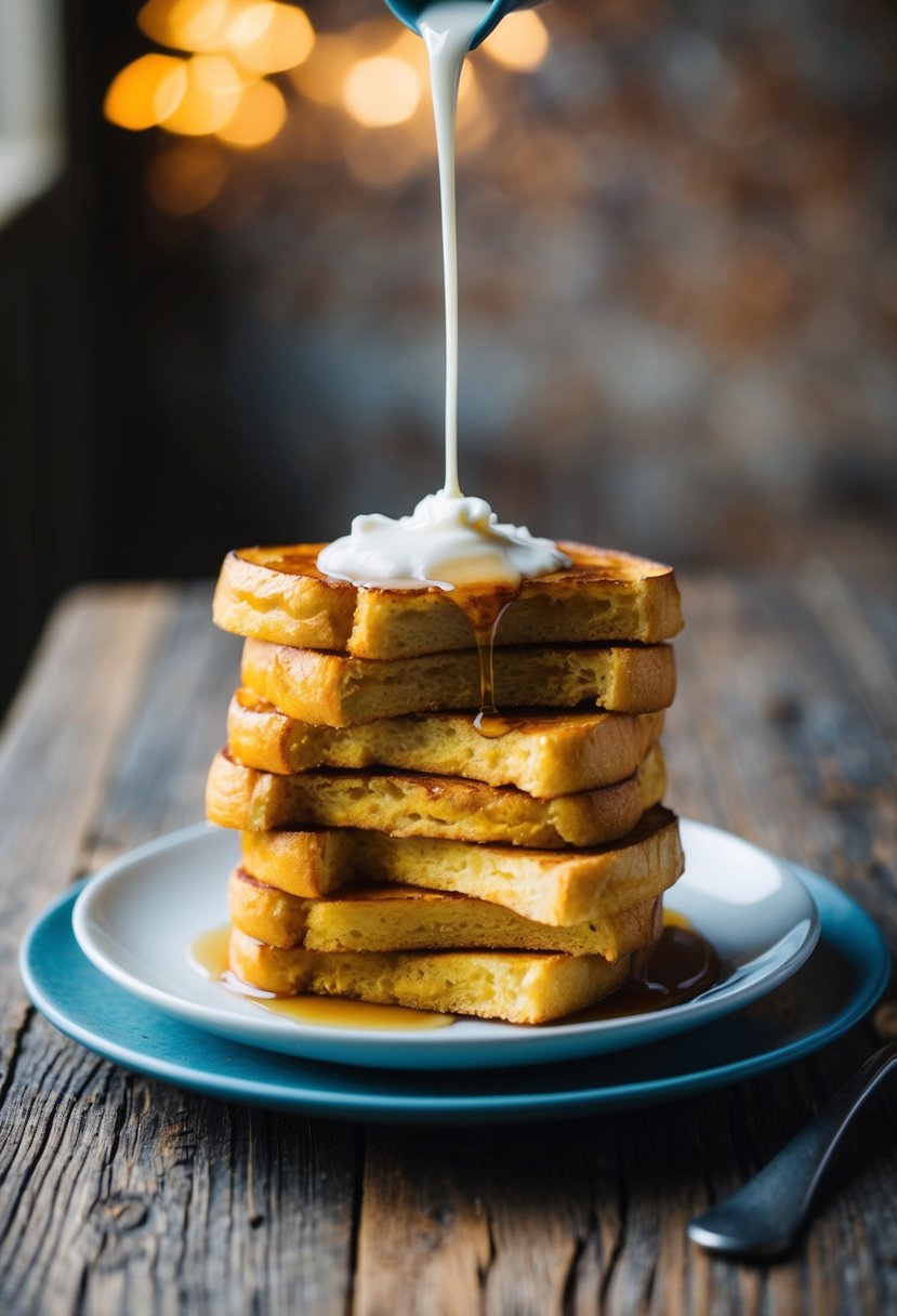 A stack of golden French toast slices topped with coconut milk and syrup on a rustic wooden table