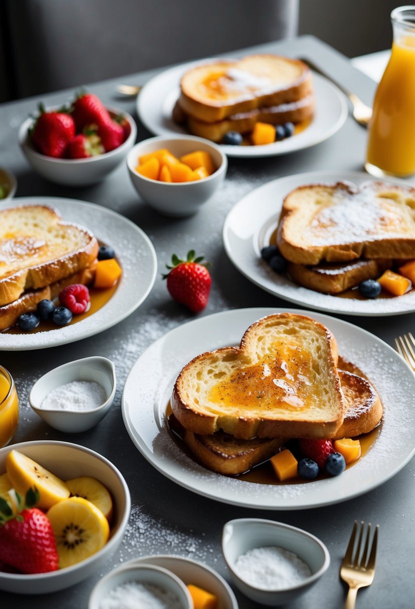 A table set with a variety of Challah French Toast dishes, surrounded by fresh fruits, syrup, and powdered sugar