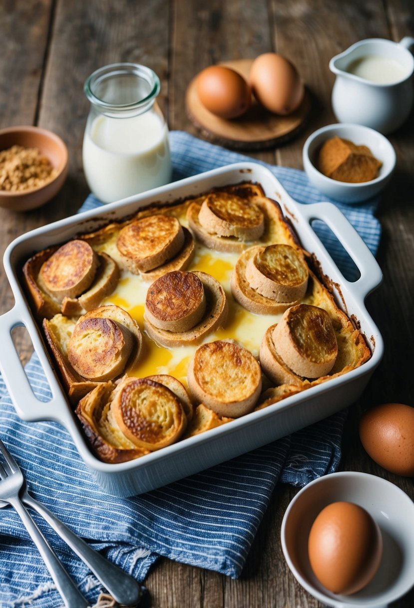 A rustic kitchen table set with a baking dish of Overnight French Toast Casserole, surrounded by ingredients like eggs, milk, and cinnamon