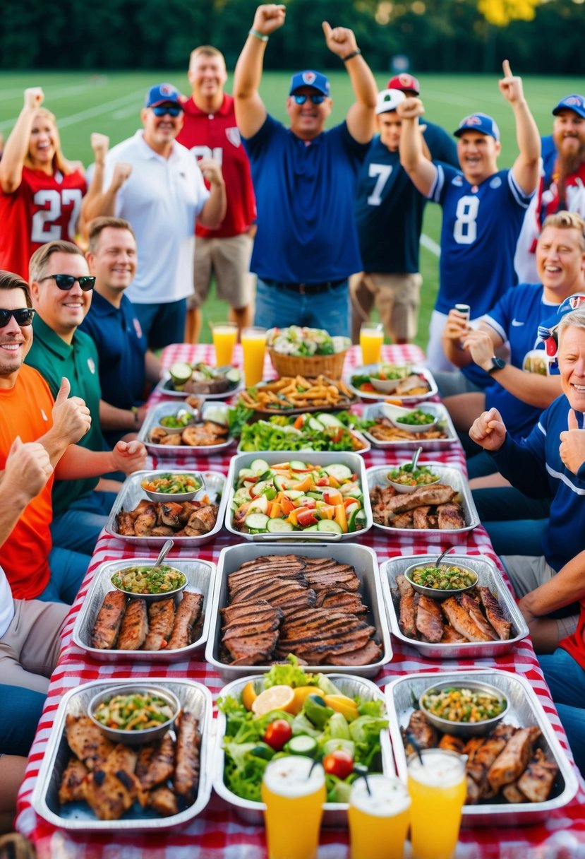 A picnic table filled with trays of grilled meats, fresh salads, and cold drinks, surrounded by a group of cheering sports fans