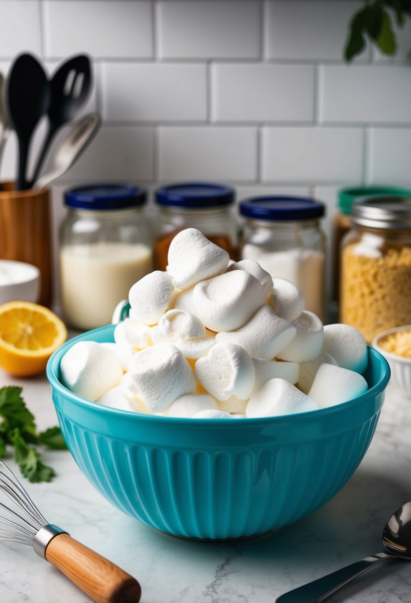 A mixing bowl filled with fluffy white marshmallow cream, surrounded by jars of ingredients and utensils on a kitchen counter