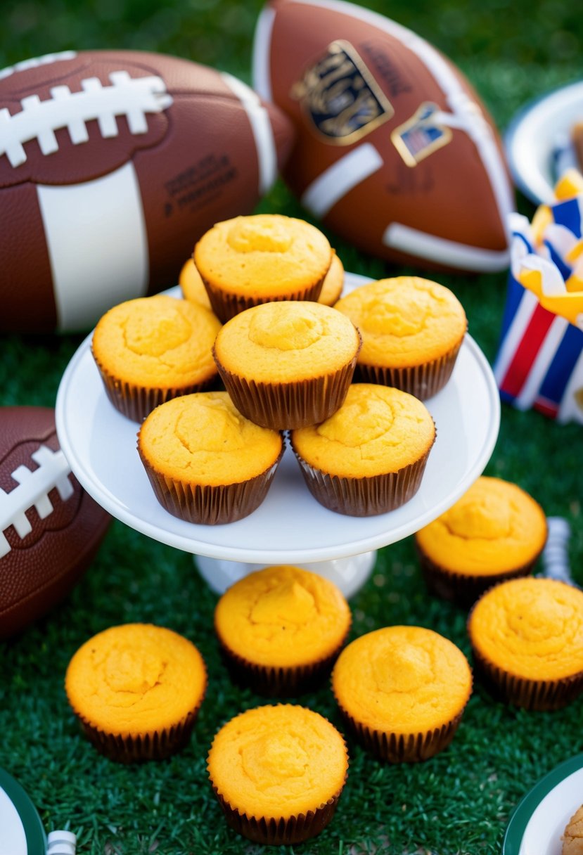 A platter of golden cheesy cornbread muffins surrounded by football paraphernalia at a lively tailgating party