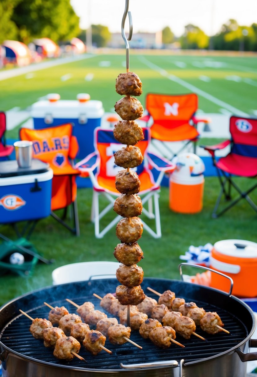 Meatball skewers sizzling on a grill surrounded by a tailgating setup with chairs, coolers, and sports paraphernalia