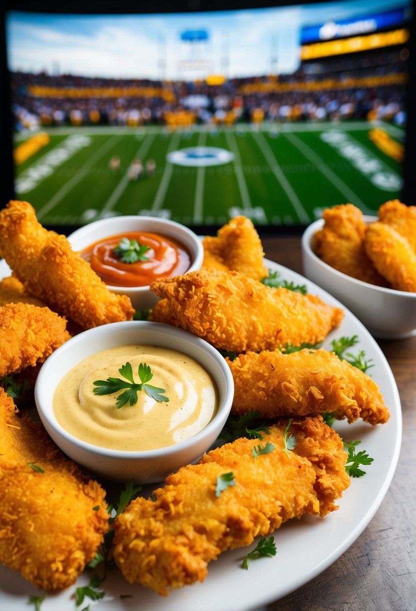 A platter of golden crispy chicken tenders surrounded by dipping sauces and garnished with fresh herbs, set against a backdrop of a football game on a big screen