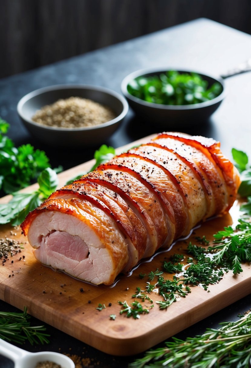 A bacon-wrapped pork tenderloin sits on a cutting board surrounded by fresh herbs and spices, ready to be prepared for cooking