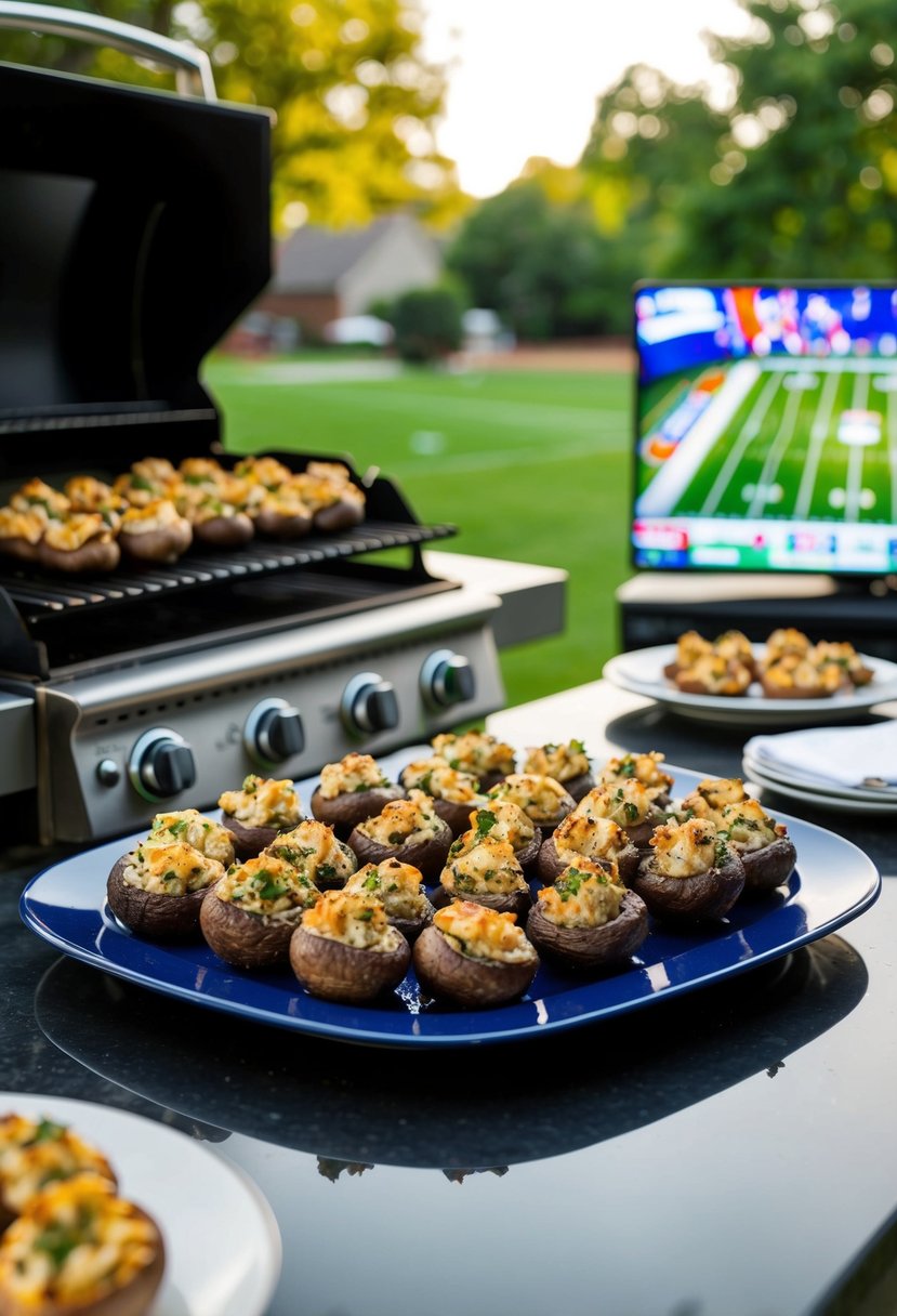 A platter of stuffed mushrooms on a table with grilling equipment and a football game playing on a nearby TV