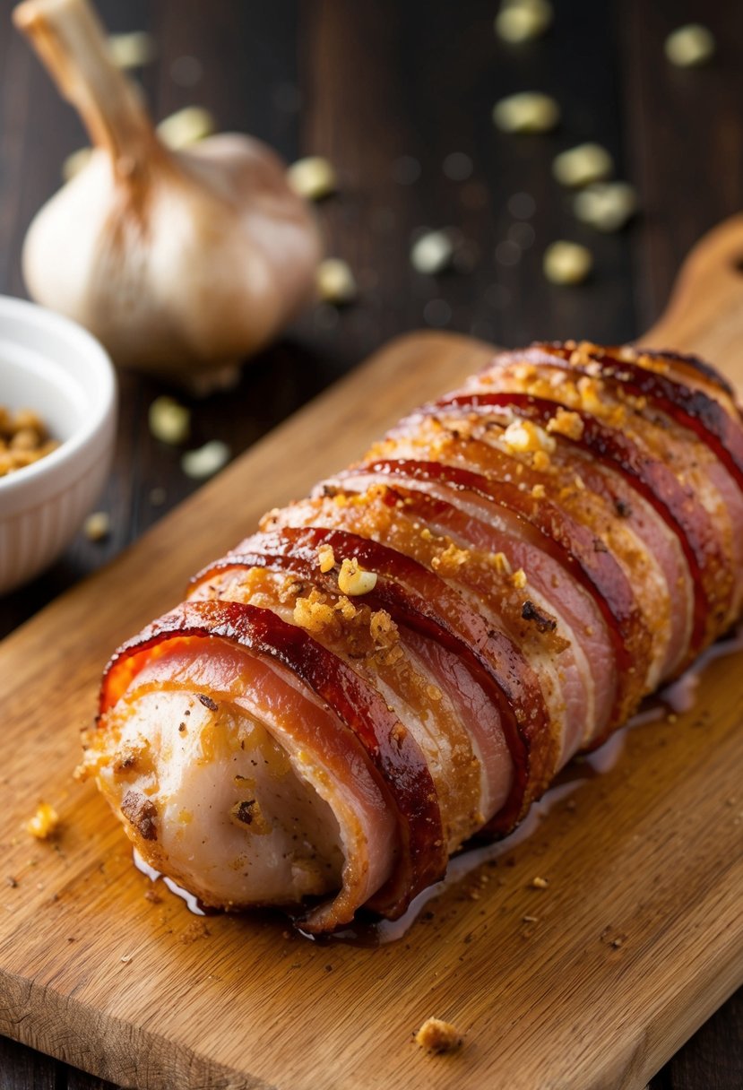 A pork tenderloin wrapped in bacon, coated with garlic and brown sugar, ready to be cooked