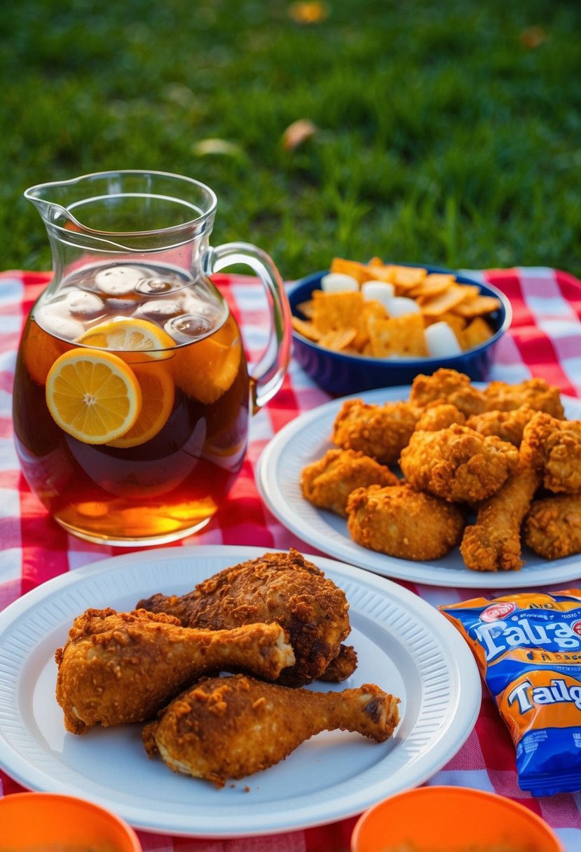 A picnic table set with a pitcher of sweet tea, a platter of crispy fried chicken, and a spread of tailgating snacks