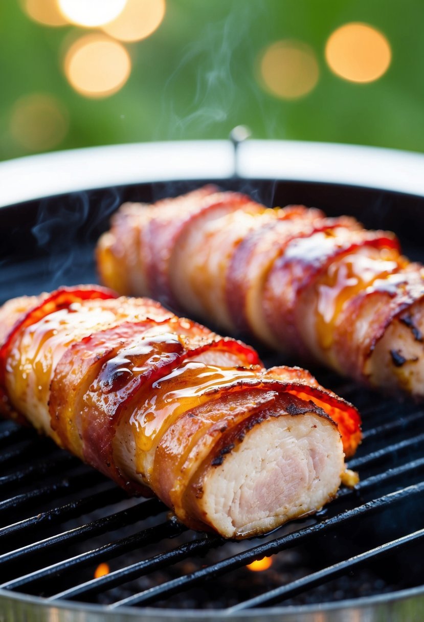 A succulent pork tenderloin, wrapped in crispy bacon and glistening with honey glaze, sizzling on a hot grill