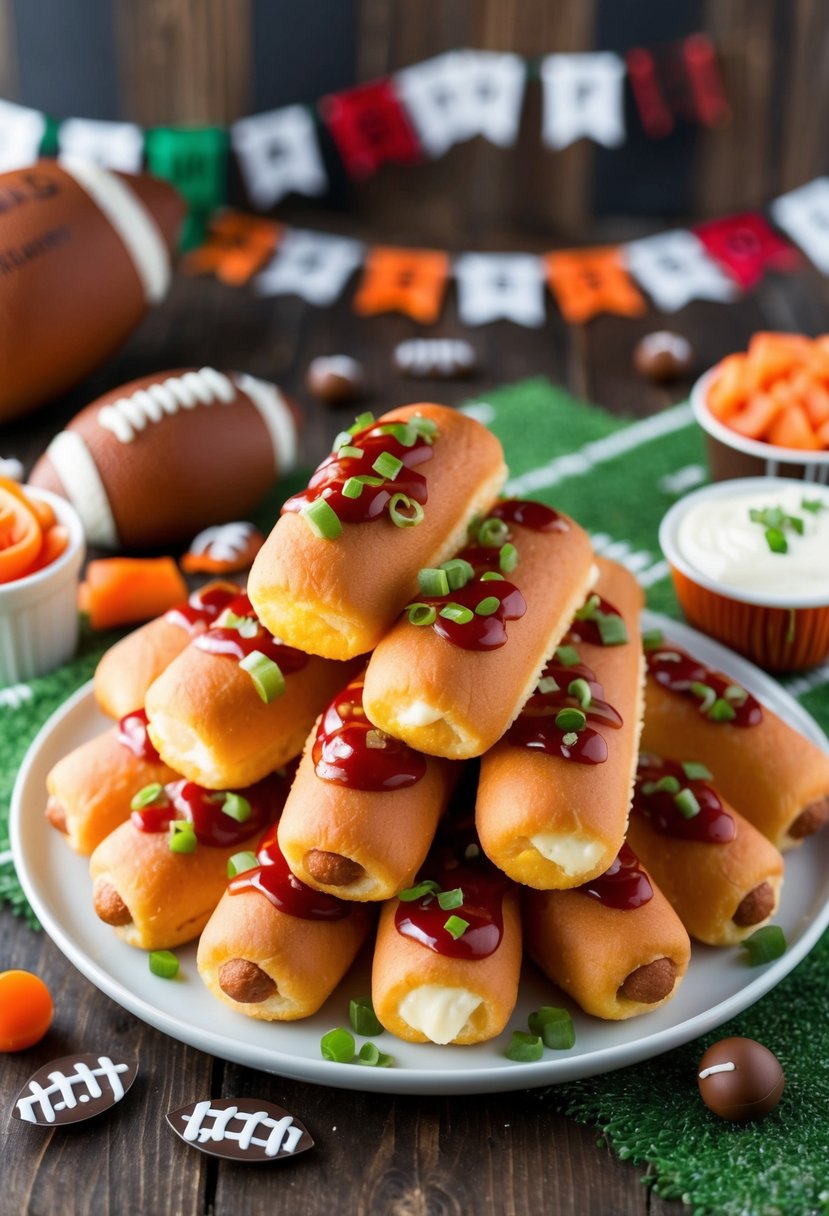 A platter of mini corn dogs surrounded by condiments and football-themed decorations