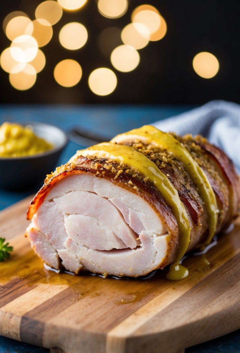 A pork tenderloin wrapped in bacon and crusted with Dijon mustard, ready to be cooked