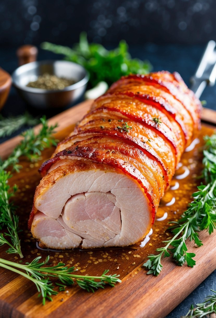 A sizzling bacon-wrapped pork tenderloin on a wooden cutting board, surrounded by fresh herbs and spices