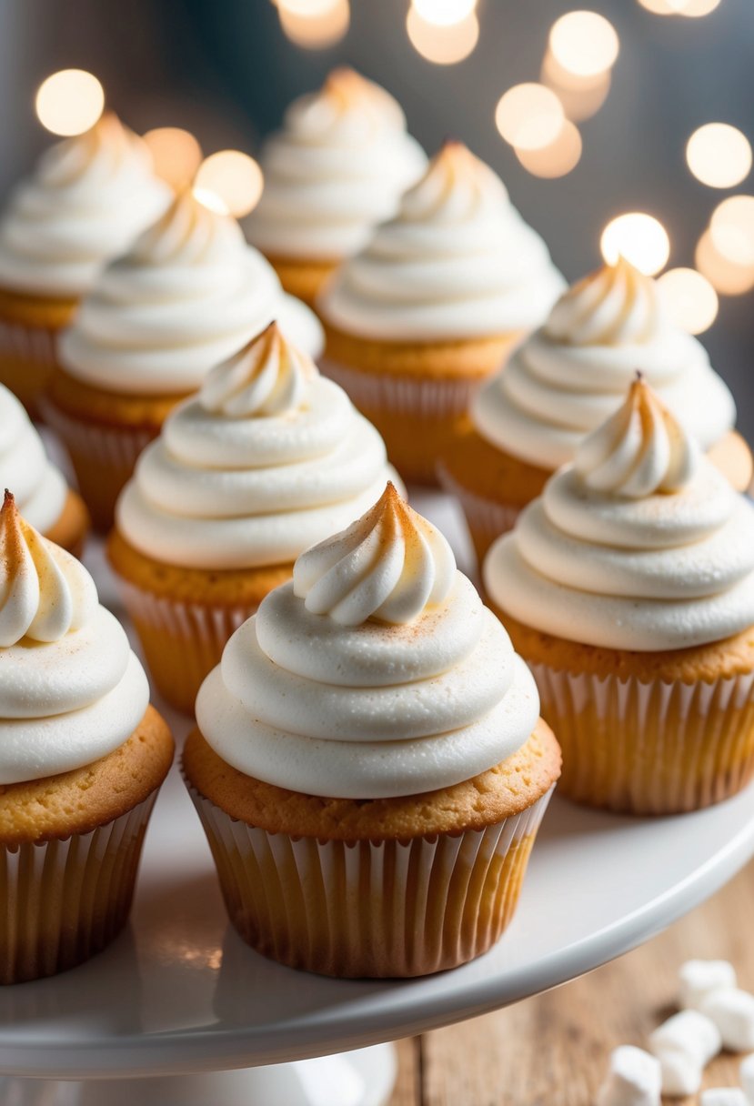 A tray of fluffy cupcakes topped with swirls of marshmallow fluff