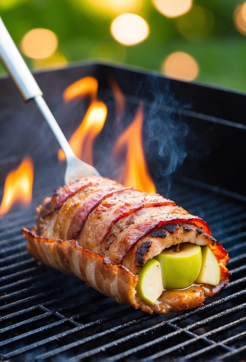 A juicy pork tenderloin, stuffed with apples and wrapped in crispy bacon, sizzling on a hot grill