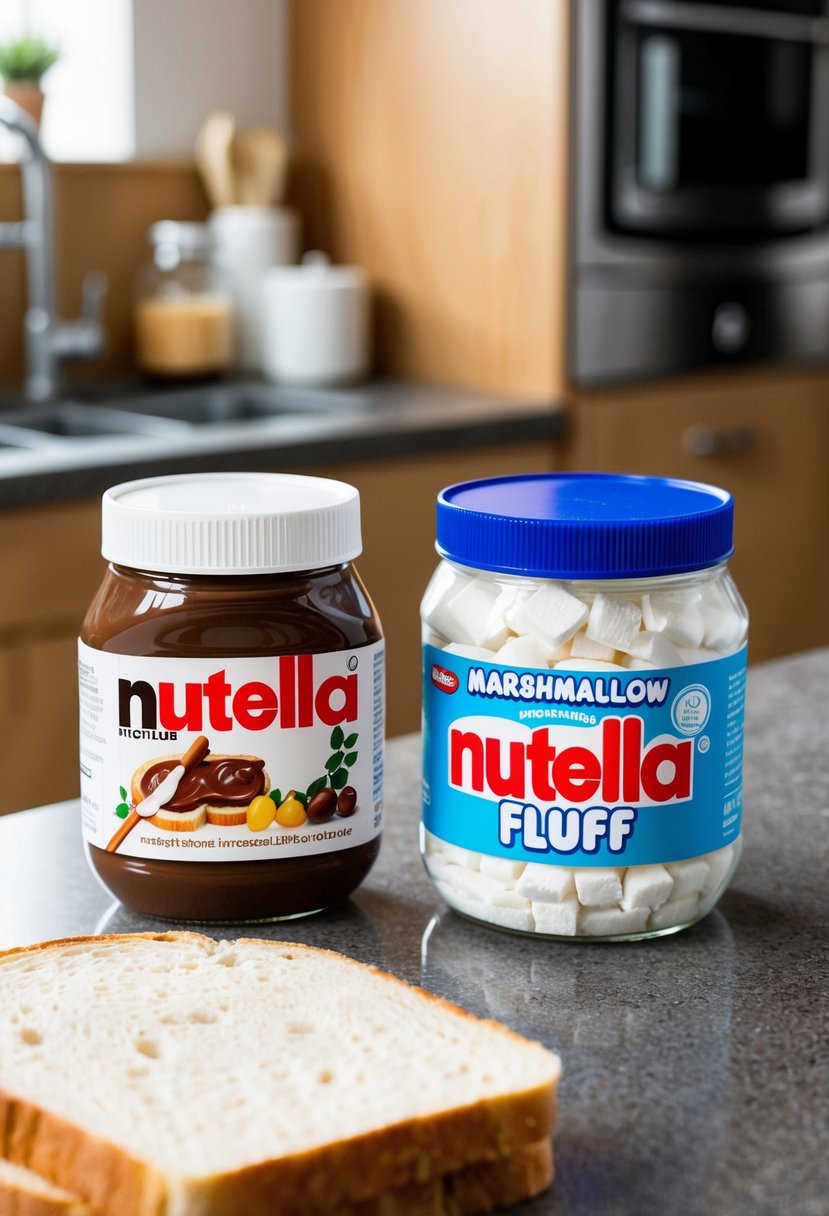 A jar of Nutella and a jar of marshmallow fluff sit on a kitchen counter next to a loaf of bread, ready to be made into a delicious sandwich