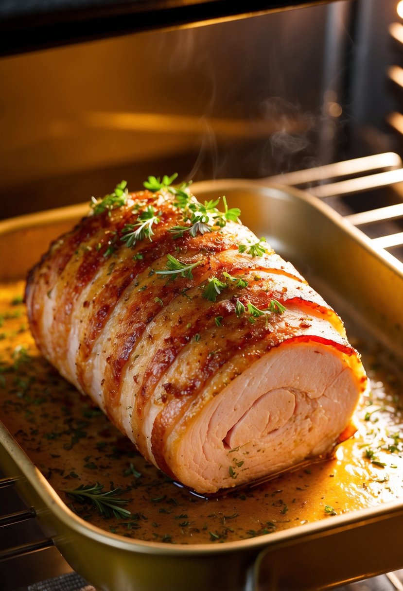 A sizzling bacon-wrapped pork tenderloin, sprinkled with fresh herbs, roasting in a golden oven