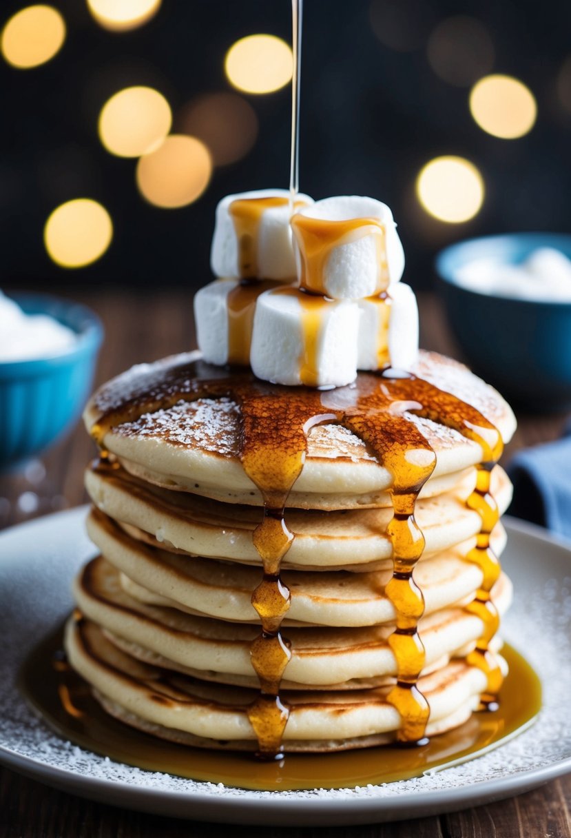 A stack of fluffy pancakes topped with a generous dollop of marshmallow fluff, surrounded by a drizzle of syrup and a sprinkle of powdered sugar