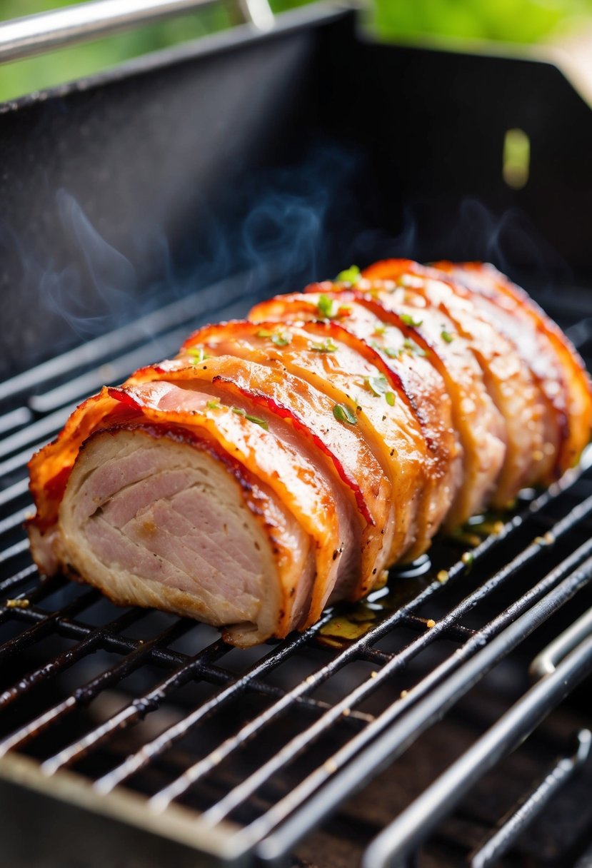 A pork tenderloin wrapped in bacon, marinated in olive oil, and ready to be cooked on a grill