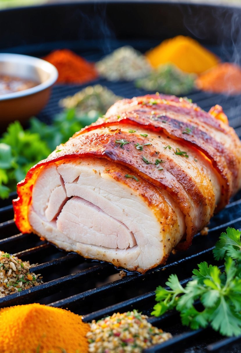 A sizzling pork tenderloin, wrapped in crispy bacon, surrounded by colorful Cajun spices and herbs, ready to be cooked to perfection on a hot grill