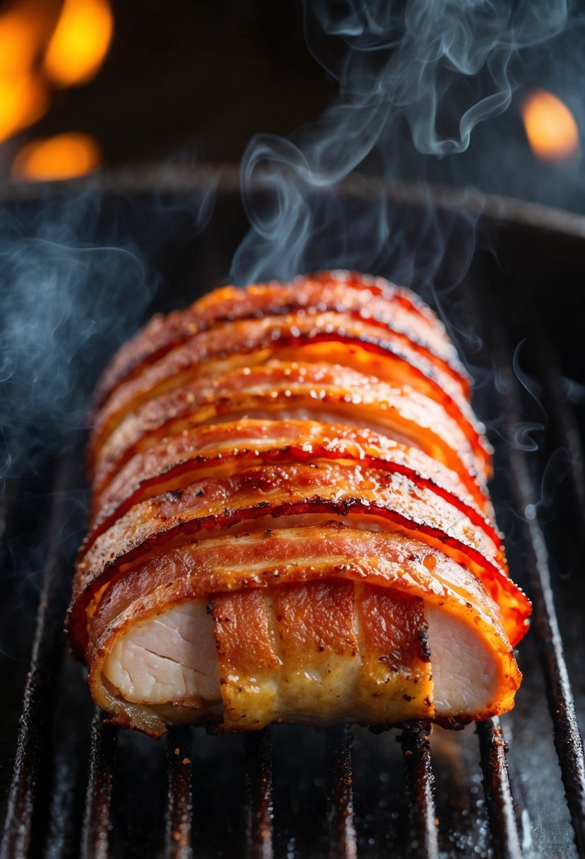 A sizzling pork tenderloin wrapped in crispy bacon, surrounded by a cloud of smoky BBQ flavor