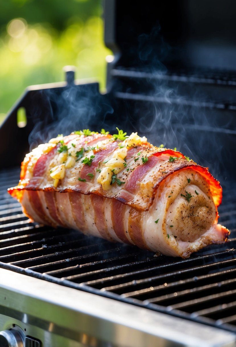 A pork tenderloin wrapped in bacon, seasoned with savory garlic and herbs, sizzling on a hot grill