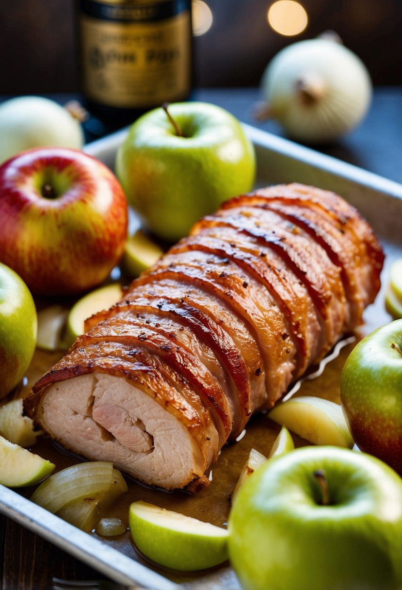 A bacon-wrapped pork tenderloin surrounded by apples and onions