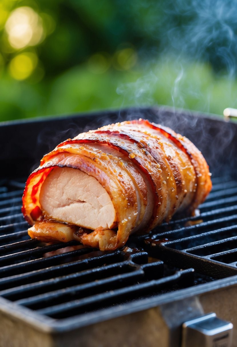 A pork tenderloin wrapped in bacon, coated in a brown sugar glaze, sizzling on a hot grill