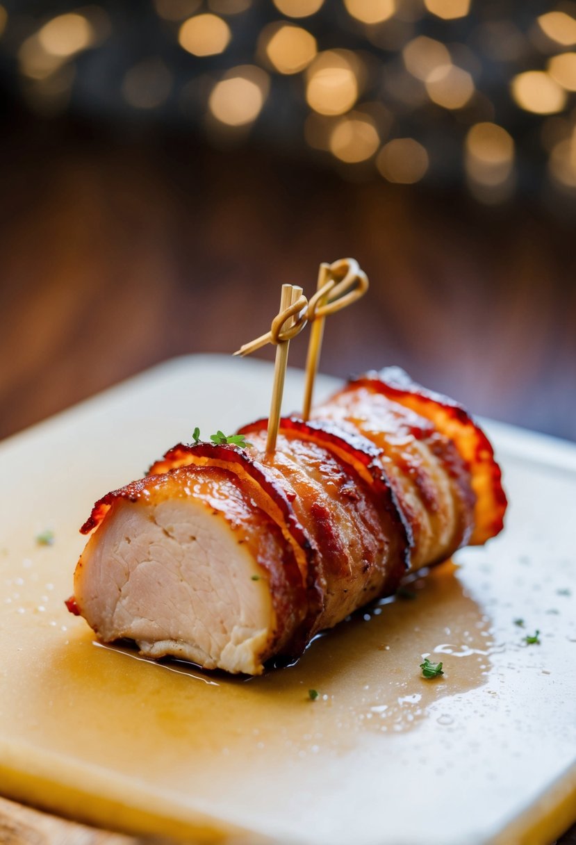 A toothpick secures bacon wrapped pork tenderloin on a cutting board