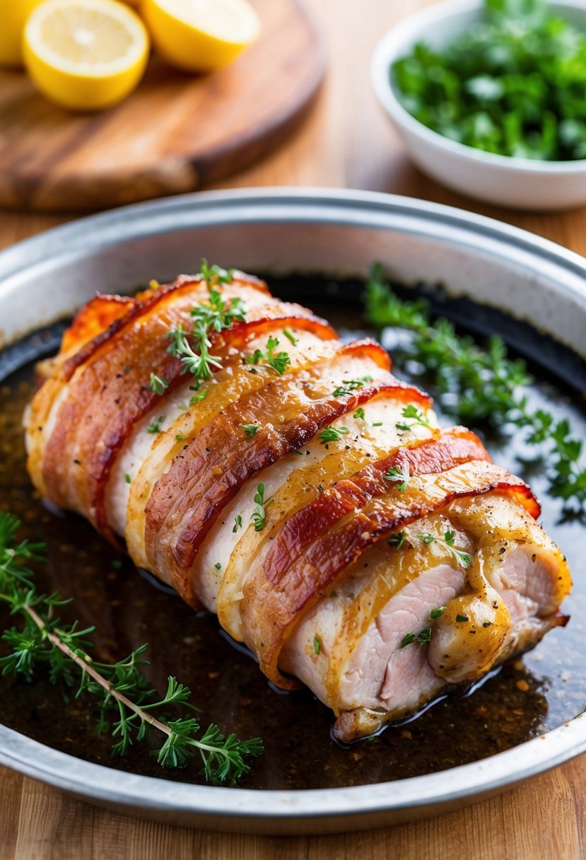 A succulent pork tenderloin wrapped in crispy bacon, garnished with herbs and ready to be placed in the oven