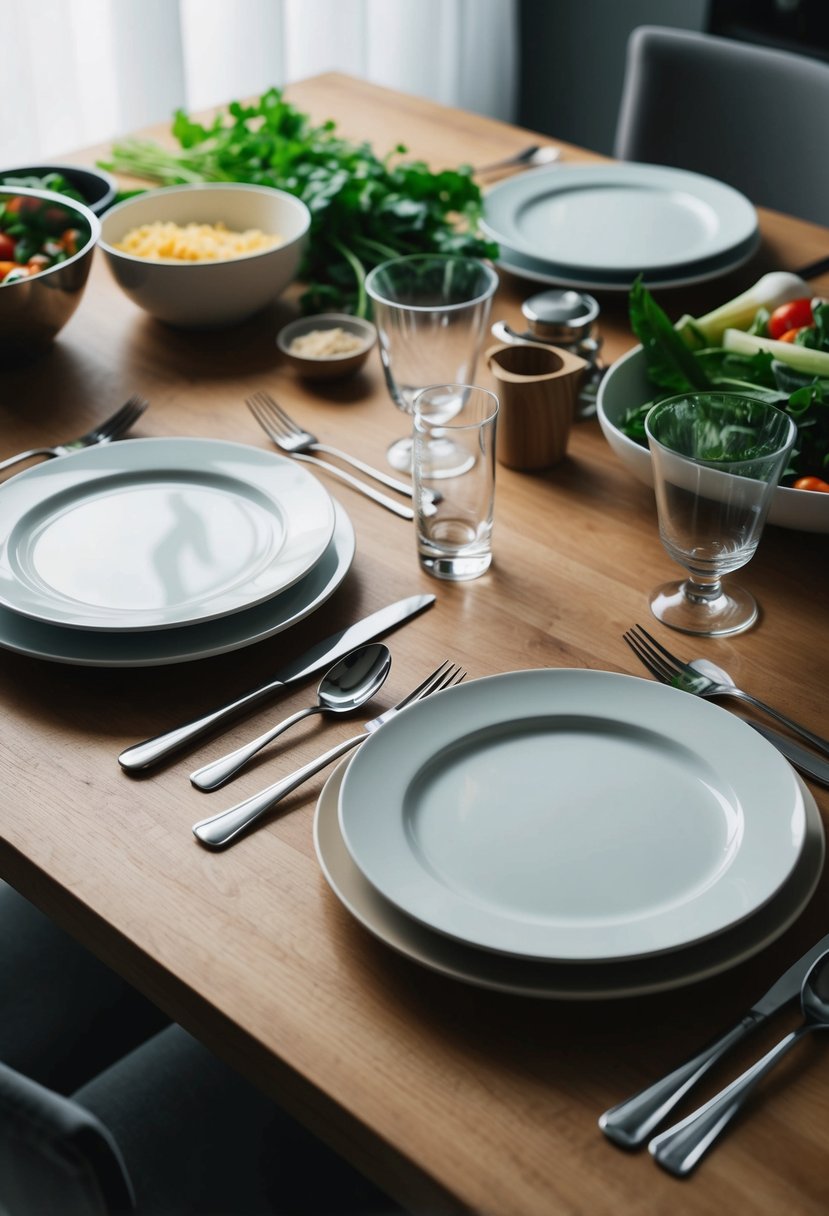 A table set for two with two plates, utensils, and glasses, along with ingredients and cooking utensils laid out for preparing a meal