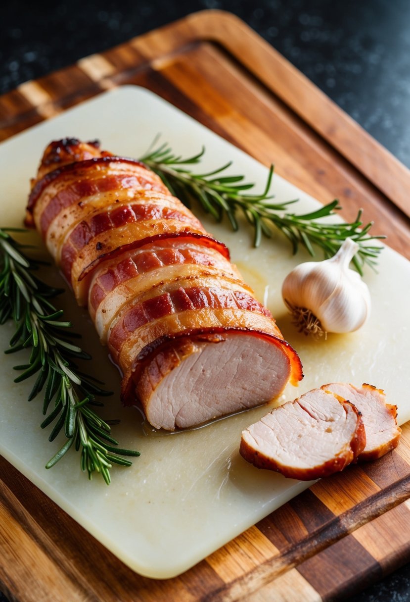 A bacon-wrapped pork tenderloin on a cutting board with rosemary and garlic beside it