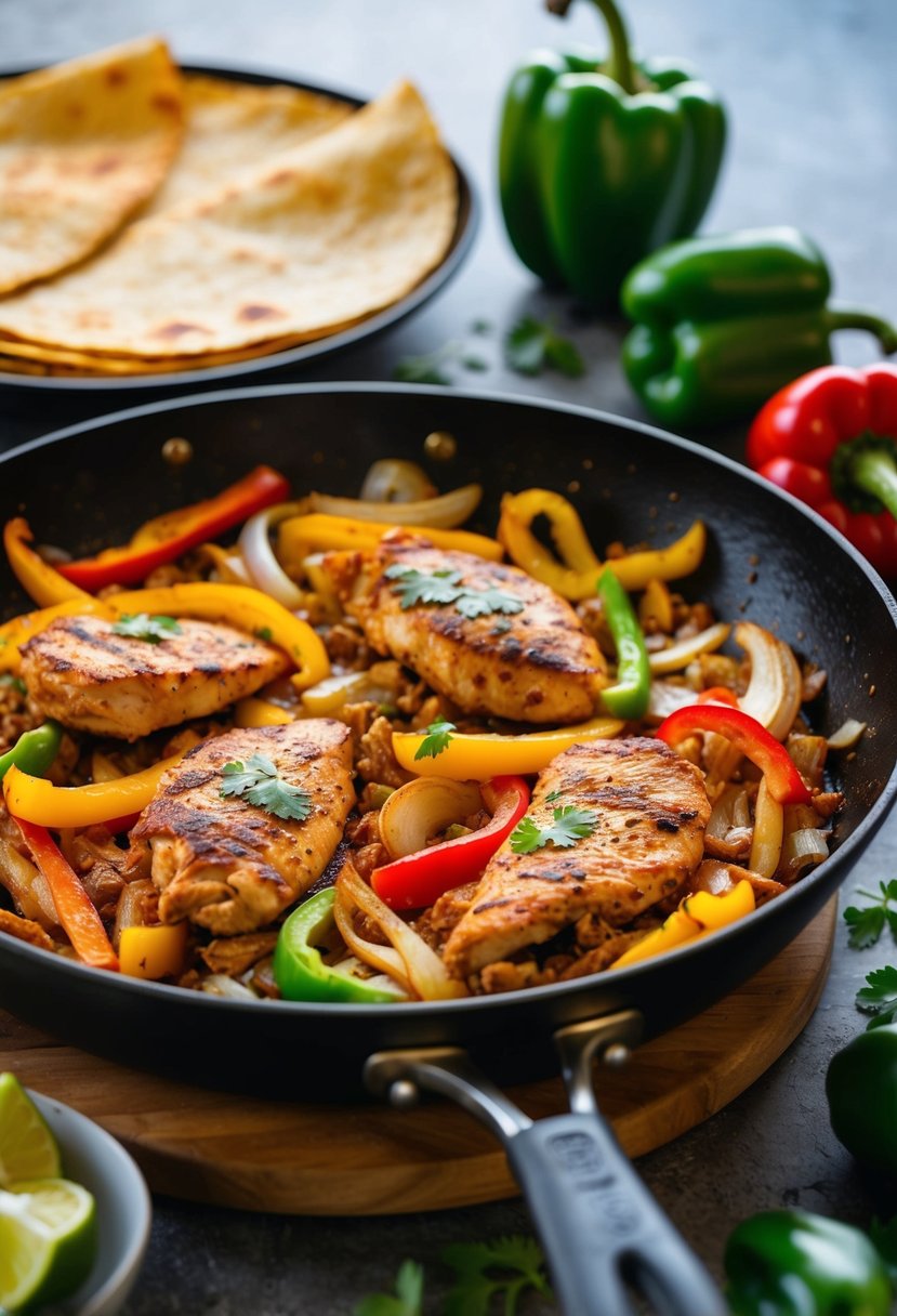 A sizzling skillet of chicken fajitas, with colorful bell peppers and onions, ready to be served for two