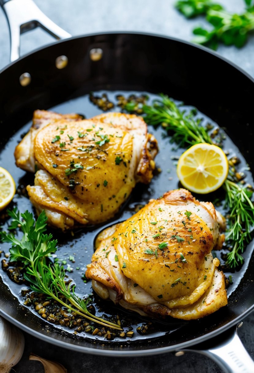 Two garlic chicken thighs sizzling in a hot skillet, surrounded by fresh herbs and spices