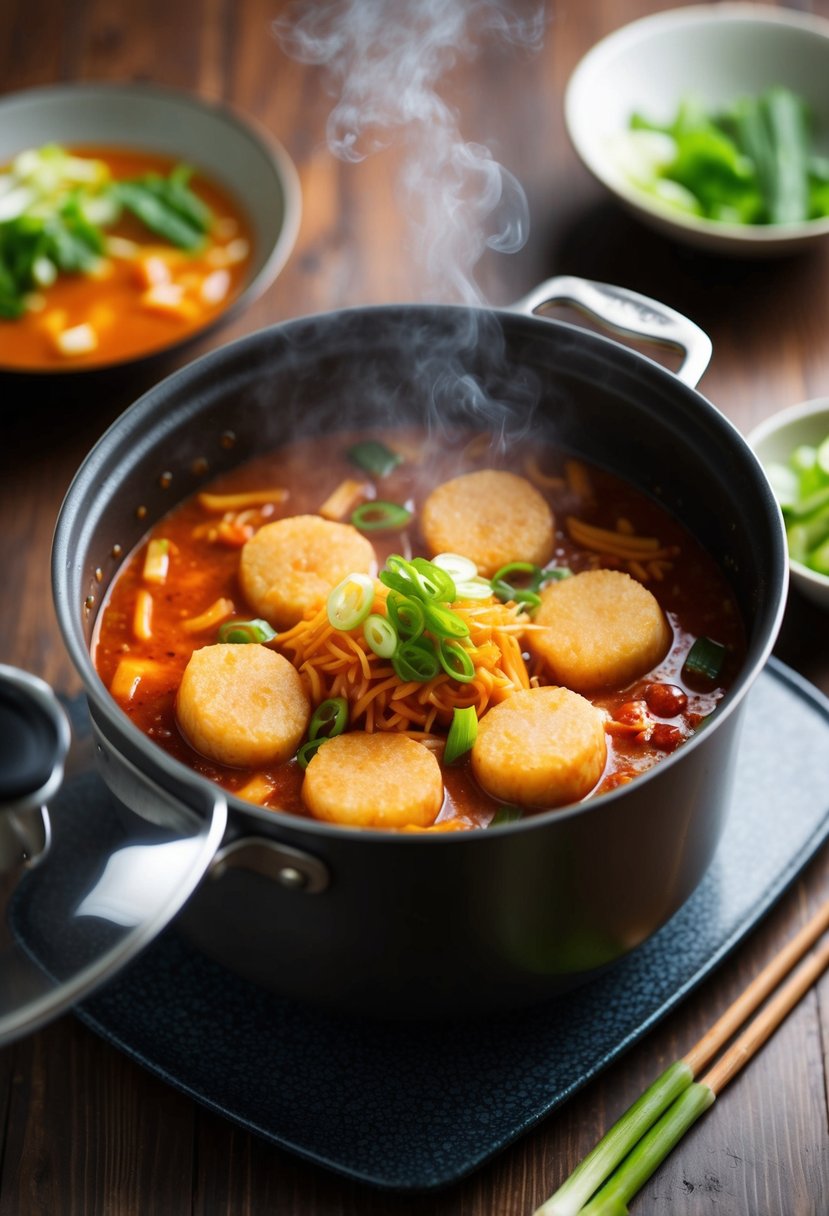 A steaming pot of tteokbokki simmering in a spicy red sauce, with chewy rice cakes and sliced scallions