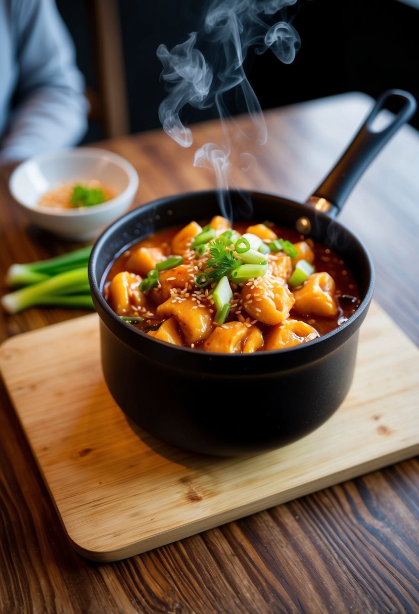 A steaming pot of spicy tteokbokki with gochujang sauce, garnished with sesame seeds and green onions, sits on a wooden table