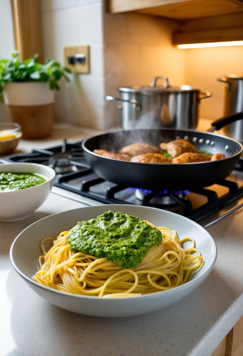 A cozy kitchen with a pot of boiling pasta, a bowl of freshly made pesto, and a sizzling pan of chicken cooking on the stove