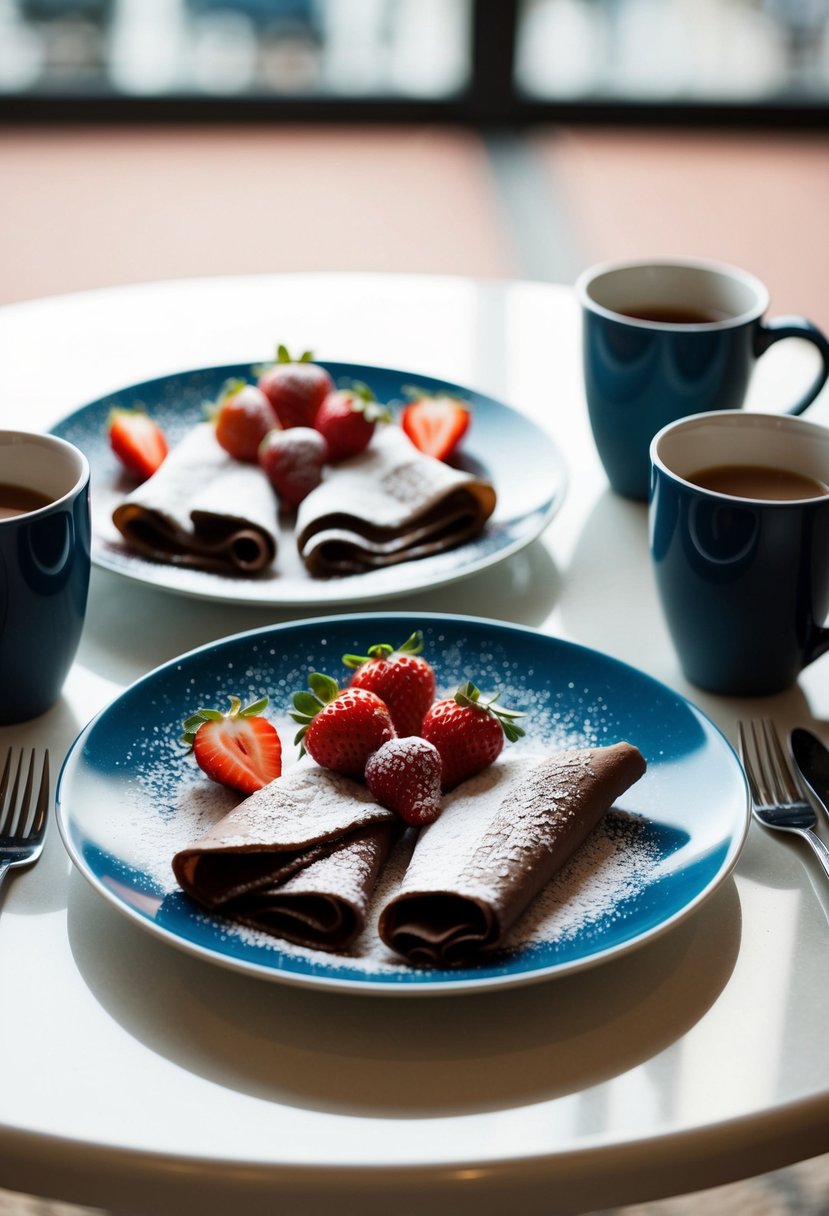 A table set with two plates of chocolate crepes, topped with powdered sugar and strawberries, next to a pair of coffee mugs